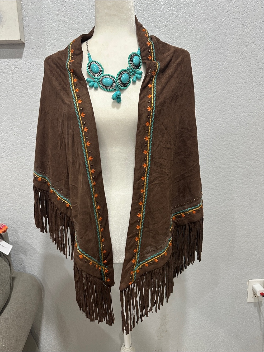 Montana West Brown Fringe Shawl with Turquoise and Orange Embroidery